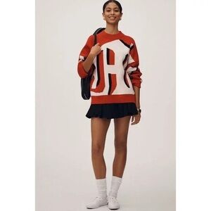 Anthropologie Maeve Oversized Graphic Monogram Sweater Red Pattern M NWT